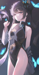  :o absurdres aqua_butterfly armpit_crease bare_legs black_dress black_hair blue_archive breasts bug butterfly butterfly_hair_ornament butterfly_on_hand china_dress chinese_clothes coat coat_partially_removed commentary covered_navel domi_(hongsung0819) dragon_print dress english_commentary female fingernails grey_coat hair_bun hair_ornament halo highres kisaki_(blue_archive) long_hair looking_at_viewer no_panties pelvic_curtain pinstripe_pattern sleeveless sleeveless_dress small_breasts solo twintails very_long_hair 