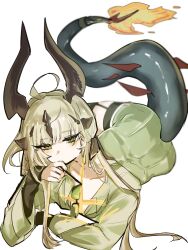  ahoge arknights blonde_hair breasts cleavage collar collared_shirt dragon_girl dragon_horns dragon_tail eyebrows_hidden_by_hair female fire green_eyes green_shirt highres holding holding_removed_eyewear horns long_hair long_sleeves looking_at_viewer lying on_stomach reed_(arknights) shirt simple_background solo tail ub_orca unworn_eyewear white_background yellow_eyes 