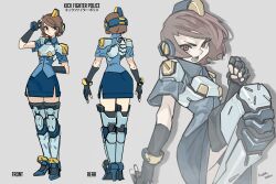  absurdres armor blue_shirt blue_skirt brown_hair cyborg female fingerless_gloves from_behind gloves grey_background high_heels highres koutetu_yarou looking_at_viewer multiple_views original police police_uniform policewoman prosthesis prosthetic_leg red_eyes salute shirt short_hair skirt standing tsurime 