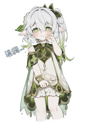  bloomers cape commentary cross-shaped_pupils crying dress genshin_impact gradient_hair green_cape green_eyes green_hair green_sleeves hair_ornament hand_on_own_face highres leaf_hair_ornament multicolored_hair nahida_(genshin_impact) pointy_ears side_ponytail simple_background sorani_(kaeru0768) symbol-shaped_pupils tears water_drop wet white_background white_bloomers white_dress white_hair 