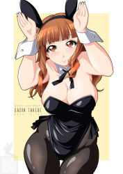  animal_ears artist_logo birthday black_ribbon blunt_bangs breasts character_name closed_mouth cowboy_shot dated detached_collar fake_animal_ears female girls_und_panzer happy_birthday high_collar highleg highleg_leotard highres ichijou_takakiyo large_breasts leaning_forward leotard long_hair looking_at_viewer neck_ribbon orange_eyes orange_hair pantyhose playboy_bunny rabbit_ears rabbit_pose ribbon side-tie_leotard smile solo standing strapless strapless_leotard takebe_saori thigh_gap wrist_cuffs yellow_background 