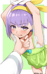  arms_up blush bound bound_wrists closed_mouth dress fate/grand_order fate_(series) female flat_chest green_dress hair_ribbon hand_on_another&#039;s_chin highres kazuradrop_(fate) looking_at_viewer purple_eyes purple_hair pyonsan ribbon short_hair solo_focus tongue tongue_out yellow_ribbon 