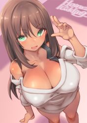  alice_gear_aegis bare_shoulders blush breasts brown_hair cleavage dark-skinned_female dark_skin female green_eyes highres kaneshiya_sitara large_breasts long_hair long_sleeves looking_at_viewer off-shoulder_sweater off_shoulder open_mouth puddinghomhom smile solo sweater white_sweater 