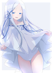  absurdres bare_shoulders blue_eyes blue_ribbon blush collarbone colored_eyelashes dress female hair_ribbon highres long_hair looking_at_viewer nishizuki_shino off_shoulder open_mouth pandora_(re:zero) re:zero_kara_hajimeru_isekai_seikatsu ribbon ribbon-trimmed_dress ribbon_trim smile solo standing white_background white_dress white_hair 