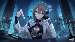  black_gloves bright_pupils closed_mouth coat female game_cg gloves hair_between_eyes half_gloves highres holding holding_test_tube honkai_(series) honkai_impact_3rd indoors lab_coat long_hair long_sleeves mt official_art open_clothes open_coat pink_eyes single_glove sitting smile solo test_tube upper_body vita_(honkai_impact) white_coat 