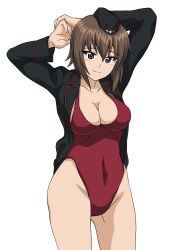  9s0ykoyama117 absurdres blush breasts brown_eyes brown_hair cleavage closed_mouth collarbone covered_navel female girls_und_panzer hat highres kuromorimine_military_uniform large_breasts looking_at_viewer military_uniform nishizumi_maho one-piece_swimsuit red_one-piece_swimsuit short_hair simple_background smile solo swimsuit white_background 