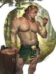  1boy arm_support arm_up armlet baldur&#039;s_gate baldur&#039;s_gate_3 bara bracer braid brown_hair chest_hair collarbone commentary dungeons_&amp;_dragons english_commentary facial_tattoo feet_out_of_frame gio_utti green_sash hairy halsin highres jewelry large_pectorals leg_hair long_hair looking_to_the_side male_focus navel nipples pectorals plant pointy_ears sash smile smoking_pipe solo standing tattoo teeth thick_eyebrows topless_male tree tree_stump 