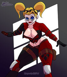  1girls abs belly_button big_breasts blonde_hair blue_eyes breasts cleavage clothing corset dc dc_comics female female_only fully_clothed gun harley_quinn human injustice_2 jacket legs mapashonsfw pistol solo thick_thighs thighs tight_clothing white_body white_skin 