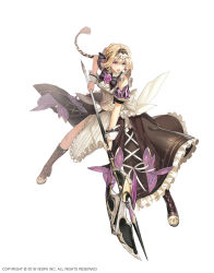  apron armor black_bow black_dress blonde_hair boots bow breasts brown_boots commentary dress dress_flower female flower full_body grey_eyes hair_bun hair_ribbon halberd high_heel_boots high_heels highres holding holding_polearm holding_weapon jaeyun king's_raid large_breasts long_hair low_ponytail maid maid_headdress official_art pink_flower polearm ponytail priscilla_(king's_raid) ribbon shoulder_armor simple_background solo striped_bow waist_ribbon weapon white_apron white_background white_ribbon white_wrist_cuffs wrist_cuffs 