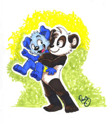  anthro anthro_on_anthro artist_logo bear black_body black_fur blue_body blue_fur canid canine cheek_tuft closed_smile duo facial_tuft fangs floppy_ears fur giant_panda head_tuft hug hugging_another hugging_from_behind logo male male/male mammal mouth_closed nude pandapaco parinton signature smile standing teeth tuft white_body white_fur 