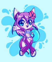  absurd_res anthro blue_eyes canid canine chibi clothing female hi_res inflation latex mammal nanniras pool_toy purple_body smile solo swimwear water 