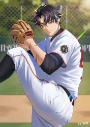  1boy absurdres baseball_uniform black_hair blue_eyes brown_gloves closed_mouth earrings eltdoa genshin_impact gloves grey_hair hair_between_eyes highres jewelry leg_up male_focus multicolored_hair pants scar scar_on_arm shirt short_hair sportswear streaked_hair white_pants white_shirt wriothesley_(genshin_impact) 