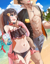  1boy beach bikini black_bikini blue_eyes blue_hair choker collarbone dawn_(pokemon) female hat highres long_hair momdy_(talesshinja) navel one_eye_closed outdoors pikachu pokemon red_choker satoshi_(pokemon) shorts sidelocks straw_hat swimsuit 