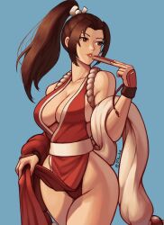  artist_name blue_background breasts brown_eyes brown_hair cleavage clothes_lift collarbone commentary dress dtscribe female hand_fan high_ponytail highres holding holding_fan large_breasts long_hair looking_to_the_side motoyui parted_lips pelvic_curtain red_dress revealing_clothes shiranui_mai sidelocks simple_background snk solo standing the_king_of_fighters the_king_of_fighters_xv thighhighs wristband 