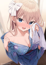  blonde_hair blue_eyes blush breasts cleavage female floral_print hair_between_eyes holding holding_towel indoors japanese_clothes kimono large_breasts long_hair looking_at_viewer nekokobushi obi off_shoulder open_mouth original ribbon sash smile solo towel wet wet_clothes white_ribbon wide_sleeves yukata 