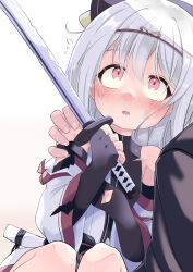  bare_shoulders blush chipped_sword commentary_request detached_sleeves dirty dirty_face elbow_gloves female fingerless_gloves flying_sweatdrops foxxre gloves hairband hand_on_another&#039;s_shoulder highres holding holding_sword holding_weapon kannagiri_nagamitsu_(tenka_hyakken) knees_up long_hair looking_at_another open_mouth purple_eyes scabbard sheath solo sword tenka_hyakken torn_clothes weapon white_background white_hair wide-eyed wide_sleeves 