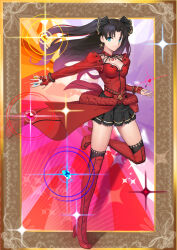  absurdres black_hair black_skirt blue_eyes blue_gemstone boots bracelet breasts cleavage closed_mouth cqqz0707 fate/stay_night fate_(series) female floating_hair full_body gem hair_ornament heart_pendant highres holding holding_jewelry jewelry long_hair long_sleeves looking_at_viewer medium_breasts miniskirt pleated_skirt purple_gemstone red_footwear red_gemstone red_shirt shirt skirt sleeves_past_wrists smile solo standing standing_on_one_leg thigh_boots tohsaka_rin tohsaka_rin_(formalcraft) waist_cape yellow_gemstone 