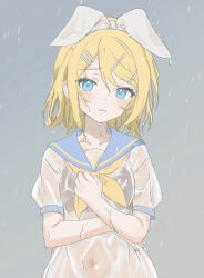  black_bra blonde_hair blue_eyes blue_sailor_collar blush bow bra collarbone commentary_request covered_navel crossed_arms female frown grey_background hair_ornament hairbow hairclip hand_on_own_chest highres kagamine_rin looking_at_viewer neckerchief rain sailor_collar school_uniform see-through see-through_shirt serafuku shirt short_hair short_sleeves simple_background solo treble_clef underwear upper_body vocaloid water_drop wet wet_clothes white_bow yellow_neckerchief yukihane_(snowowl515) 