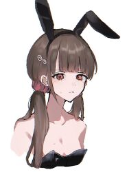  black_leotard brown_hair collarbone danganronpa_(series) danganronpa_v3:_killing_harmony female hair_ornament hair_scrunchie harukawa_maki highres leotard long_hair looking_at_viewer low_twintails mole mole_under_eye playboy_bunny red_eyes red_scrunchie scrunchie shima_(fm_90mhz) solo twintails 