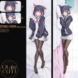  animal_ears aya_(lezon) bed_sheet black_choker black_hair black_hoodie black_jacket black_pantyhose blue_archive blush bob_cut cat_choker cat_ears choker colored_inner_animal_ears colored_inner_hair dakimakura_(medium) extra_ears female food-themed_hair_ornament green_sailor_collar hair_ornament halo highres holding holding_pillow hood hooded_jacket hoodie ice_cream_hair_ornament jacket kazusa_(blue_archive) looking_at_viewer lying midriff multicolored_hair multiple_views navel neckerchief on_side otakueden1995 pantyhose pillow pink_hair pink_halo pink_neckerchief sailor_collar school_uniform second-party_source serafuku shirt skirt trinity_general_school_logo white_shirt white_skirt 