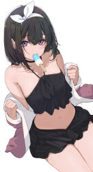  bikini black_bikini character_request collarbone commentary_request criss-cross_halter female food food_in_mouth hairband halterneck highres icehotmilktea looking_at_viewer medium_hair popsicle popsicle_in_mouth purple_eyes simple_background sitting solo swimsuit thighs white_background white_hairband 