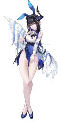  alternate_costume animal_ears asymmetrical_horns bare_shoulders black_hair blue_footwear blue_hair blue_leotard breasts caicos covered_navel fake_animal_ears feathered_wings female full_body high_heels highres hololive hololive_english horns large_breasts leotard long_hair mole mole_under_eye multicolored_hair nerissa_ravencroft playboy_bunny rabbit_ears red_eyes solo twitter_username two-tone_hair virtual_youtuber white_wings wings 