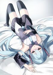  absurdres aqua_hair aqua_nails aqua_necktie armpits black_footwear black_skirt blanket boots commentary detached_sleeves from_above full_body grey_eyes hand_on_own_stomach hatsune_miku highres knees_up long_hair lying miniskirt nail_polish necktie on_back on_bed on_blanket parted_lips pleated_skirt satou_(www_nemu) shirt skirt sleeveless sleeveless_shirt thigh_boots twintails very_long_hair vocaloid white_shirt 