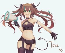  absurdres armband bandeau black_gloves black_shorts black_thighhighs brown_hair character_name choker demon_tail eiyuu_densetsu female garter_straps gloves green_eyes green_hair highres holding holding_megaphone long_hair megaphone multicolored_hair navel o-ring o-ring_top rikotch07 sen_no_kiseki_(series) sen_no_kiseki_i shorts signature smile streaked_hair tail thighhighs towa_herschel twintails 