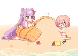  2girls :&gt; :d azu_(kirara310) bare_shoulders beach bikini blush_stickers bucket chibi claw_(weapon) closed_mouth commentary crab crop_top double_bun fate/grand_order fate_(series) glasses hair_bun hair_over_one_eye hair_ribbon highres jacket long_hair mash_kyrielight mash_kyrielight_(swimsuit_of_perpetual_summer_ver.02) multicolored_clothes multicolored_jacket multiple_girls ocean official_alternate_costume official_alternate_hairstyle open_mouth outdoors passionlip_(fate) pink_eyes pink_hair pink_jacket pink_ribbon popped_collar purple_eyes purple_hair ribbon sand sand_sculpture sandals shirt short_hair side-tie_bikini_bottom signature sitting sleeveless sleeveless_shirt smile starfish swimsuit symbol-only_commentary trowel two-tone_jacket water weapon white_jacket white_shirt 