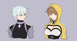  1boy alternate_hairstyle blue_eyes blue_hair breasts brown_hair cleavage female fire_emblem fire_emblem_engage goldmary_(fire_emblem) hahm0106 highres hooded_top large_breasts light_blue_hair looking_at_another looking_to_the_side rosado_(fire_emblem) yellow_eyes 