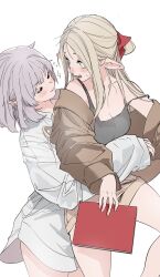  2girls absurdres blonde_hair blush book breasts brown_shorts cleavage closed_eyes dress_shirt dungeon_meshi elf falin_touden falin_touden_(tallman) green_eyes grey_hair hair_ribbon highres holding holding_book hug lantern_madoyoi long_hair long_sleeves marcille_donato medium_breasts multiple_girls off_shoulder open_mouth pointy_ears red_ribbon ribbon shirt shorts simple_background sleeves_past_wrists smile sparkle strap_slip sweat white_background yuri 