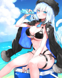  black_nails bottle bracelet breasts cat_tail coat coat_on_shoulders cooler dobrynya_nikitich_(fate) dobrynya_nikitich_(swimsuit_lancer)_(fate) fate/grand_order fate_(series) female fur_hat hat hazuki-a highres holding holding_bottle jewelry large_breasts long_hair ocean ramune sitting tail thigh_strap 