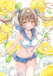  artist_name bikini blue_neckerchief blue_ribbon blue_sailor_collar blush breasts brown_hair cleavage collarbone commentary_request cowboy_shot female food frilled_bikini frills fruit grin groin hair_ribbon highres ice ice_cube leaf leg_up lemon lemon_slice long_hair looking_at_viewer medium_breasts merchandise_available navel neckerchief omagari_kei original painting_(medium) ribbon sailor_bikini sailor_collar sidelocks smile solo striped_wristband swimsuit traditional_media twintails twitter_username watercolor_(medium) wristband yellow_eyes 