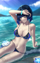  arm_up bare_shoulders beach bikini black_hair blue_bikini blue_hair blue_nails blue_panties blue_sky blurry blurry_background breasts cleavage cloud commentary_request day diagonal_bangs female fingernails genshin_impact green_eyes highres l4st_resort large_breasts leisurely_otter_(genshin_impact) looking_at_viewer lumitoile_(genshin_impact) mole mole_on_breast multicolored_hair navel outdoors panties parted_lips signature sitting sky solo stomach sunlight swimsuit teeth underwear wet yelan_(genshin_impact) 