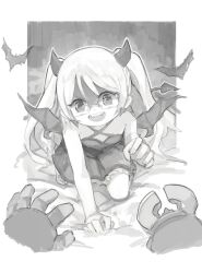  1boy alternate_costume alternate_hairstyle bare_shoulders bat_(animal) bed_sheet dress evil_smile fake_horns fake_wings fangs female frilled_dress frills glasses greyscale hand_up highres horns long_hair looking_at_viewer made_in_abyss monochrome open_mouth pov pov_hands reg_(made_in_abyss) riko_(made_in_abyss) shaded_face sleeveless sleeveless_dress smile twintails wings yubrich 