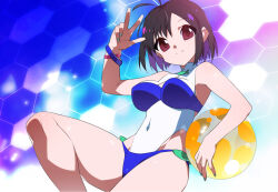  aki_(mega_man) ball beachball bikini black_hair blue_bikini breasts brown_hair commission female holding holding_ball holding_beachball kaidou_zx large_breasts leotard looking_at_viewer mega_man_(series) mega_man_battle_network_(series) multicolored_hair one-piece_swimsuit purple_hair skeb_commission smile solo swimsuit two-tone_hair white_leotard white_one-piece_swimsuit 