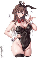  ahoge alternate_costume animal_ears bare_shoulders black_leotard blush bow bowtie breasts brown_hair cleavage commentary_request covered_navel cropped_legs detached_collar double_bun ebifurya fake_animal_ears female hair_bun highres kantai_collection kongou_(kancolle) large_breasts leotard long_hair looking_at_viewer one-hour_drawing_challenge open_mouth playboy_bunny purple_eyes rabbit_ears smile solo strapless strapless_leotard twitter_username white_background wrist_cuffs 