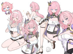  ass back bikini bikini_skirt black_shorts blue_eyes breasts chibi cleavage closed_mouth clothing_cutout commentary_request corset cropped_legs doodle_inset double_v elf elysia_(honkai_impact) elysia_(miss_pink_elf)_(honkai_impact) elysia_(summer_miss_elf)_(honkai_impact) female from_side headband highres honkai_(series) honkai_impact_3rd kneepits kokaki_mumose large_breasts long_hair looking_at_viewer multiple_views open_mouth pink_hair pink_pupils pointy_ears sandals short_shorts shorts side_cutout smile swimsuit thigh_strap thighs v white_background white_bikini white_corset white_headband 