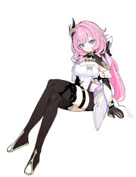  black_footwear black_gloves black_shorts blue_eyes boots breasts cleavage clothing_cutout corset crossed_legs elbow_gloves elf elysia_(honkai_impact) elysia_(miss_pink_elf)_(honkai_impact) female full_body gloves hair_ornament high_heel_boots high_heels highres honkai_(series) honkai_impact_3rd kokaki_mumose large_breasts long_hair looking_at_viewer pink_hair pointy_ears short_shorts shorts side_cutout smile solo thigh_strap thighs white_background white_corset 