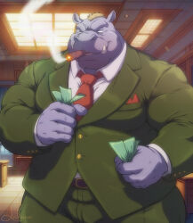  anthro cigarette clothing common_hippopotamus fangs funeral-paws hi_res hippopotamid male mammal money muscular muscular_anthro muscular_male solo suit teeth 