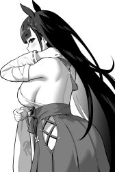  animal_ears azur_lane azur_lane:_slow_ahead bare_back black_hair breasts daisen_(azur_lane) detached_sleeves female from_behind greyscale hakama highres hori_(hori_no_su) horse_ears horse_girl japanese_clothes large_breasts long_hair looking_at_viewer looking_back monochrome nontraditional_miko sideboob simple_background solo very_long_hair white_background 