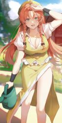  arm_up beret blurry blurry_background braid breasts building cleavage cloud commentary_request day feet_out_of_frame female green_eyes green_hat green_skirt green_vest hand_on_own_head hat hat_ornament highres holding holding_watering_can hong_meiling long_hair looking_at_viewer open_mouth orange_hair outdoors parted_bangs puffy_short_sleeves puffy_sleeves sarukana shirt short_sleeves skirt smile solo star_(symbol) star_hat_ornament sweatdrop touhou twin_braids very_long_hair vest watering_can white_shirt wristband 