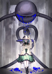  absurdres black_footwear black_hat boots bow buttons closed_eyes closed_mouth commentary crying diamond_button english_commentary facing_viewer female film_grain frilled_skirt frilled_sleeves frills green_hair green_skirt grey_background hat hat_bow hat_ribbon heart heart_of_string highres huge_bow komeiji_koishi long_sleeves medium_hair ribbon signature skirt smile solo sun_hat t_terano third_eye touhou v_arms wide_shot wide_sleeves yellow_bow yellow_ribbon 