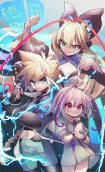  1boy 2girls absurdres anniversary azure_striker_gunvolt blonde_hair blue_coat blue_eyes coat dress electricity energy_wings green_eyes gun gunvolt highres holding holding_gun holding_weapon joule_(gunvolt) long_hair lumen_(gunvolt) multicolored_hair multiple_girls pink_hair purple_eyes purple_hair strapless strapless_dress two-tone_hair weapon white_dress zukoko_rkgk 