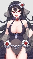  arm_up armlet black_gloves black_hair black_veil breasts cleavage covered_navel cowboy_shot female flower flower_collar gloves goroo_(goropii) grey_leotard groin hair_flower hair_ornament highres illya_(ceremonial)_(princess_connect!) illya_(princess_connect!) jewelry large_breasts leotard long_hair oerba_yun_fang open_mouth princess_connect! red_eyes red_flower red_rose rose see-through see-through_leotard showgirl_skirt simple_background solo standing tiara veil white_background 