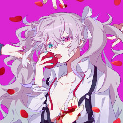  1other 25-ji_miku 25-ji_nightcord_de._(project_sekai) 4girls akiyama_mizuki apple aqua_eyes aqua_nails asahina_mafuyu bow breasts breasts_apart brown_nails chinese_commentary chromatic_aberration collared_shirt colored_eyelashes commentary double-parted_bangs eating fingernails food frilled_sleeves frills fruit grey_hair hair_between_eyes hairbow hand_up hatsune_miku heterochromia highres holding holding_food holding_fruit long_hair long_sleeves multiple_girls nail_polish oerba_yun_fang open_clothes open_mouth open_shirt petals pink_background pink_eyes pink_nails project_sekai puffy_long_sleeves puffy_sleeves red_petals rose_petals shinonome_ena shirt simple_background small_breasts solo_focus suspenders tongue twintails upper_body very_long_hair vocaloid white_bow white_eyelashes white_shirt ximuye yoisaki_kanade 