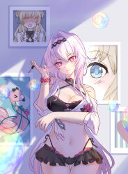  absurdres air_bubble bikini black_bikini breasts bubble cleavage commentary_request female hair_intakes highres honkai_(series) honkai_impact_3rd large_breasts long_hair looking_at_viewer navel official_alternate_costume painting_(object) purple_hair smile solo songque stomach swimsuit thelema_nutriscu thelema_nutriscu_(roseate_summer) thighs very_long_hair white_hair yichuanxue 