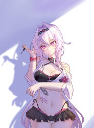  absurdres bikini black_bikini breasts cleavage commentary_request female hair_intakes highres honkai_(series) honkai_impact_3rd large_breasts long_hair looking_at_viewer navel official_alternate_costume purple_hair smile solo stomach swimsuit thelema_nutriscu thelema_nutriscu_(roseate_summer) thighs very_long_hair white_hair yichuanxue 