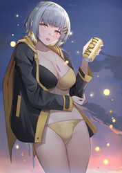  bandaid bandaid_on_face bandaid_on_nose bikini black_jacket blonde_hair blush breasts can cleavage female grey_hair hachi_(live_union) hair_ornament highres holding holding_can jacket jewelry large_breasts live_union long_sleeves looking_at_viewer multicolored_hair necklace open_clothes open_jacket open_mouth outdoors short_hair shougun_(chuckni1) smile solo swimsuit thighs two-tone_bikini virtual_youtuber yellow_eyes 