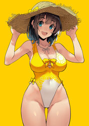  :d bare_arms bare_shoulders black_hair blue_eyes blush breasts cleavage collarbone commentary covered_navel cowboy_shot female hat highleg highleg_swimsuit highres kekemotsu large_breasts looking_at_viewer medium_hair one-piece_swimsuit open_mouth original simple_background smile solo straw_hat swimsuit thigh_gap thighs two-tone_swimsuit yellow_background yellow_one-piece_swimsuit yellow_theme 